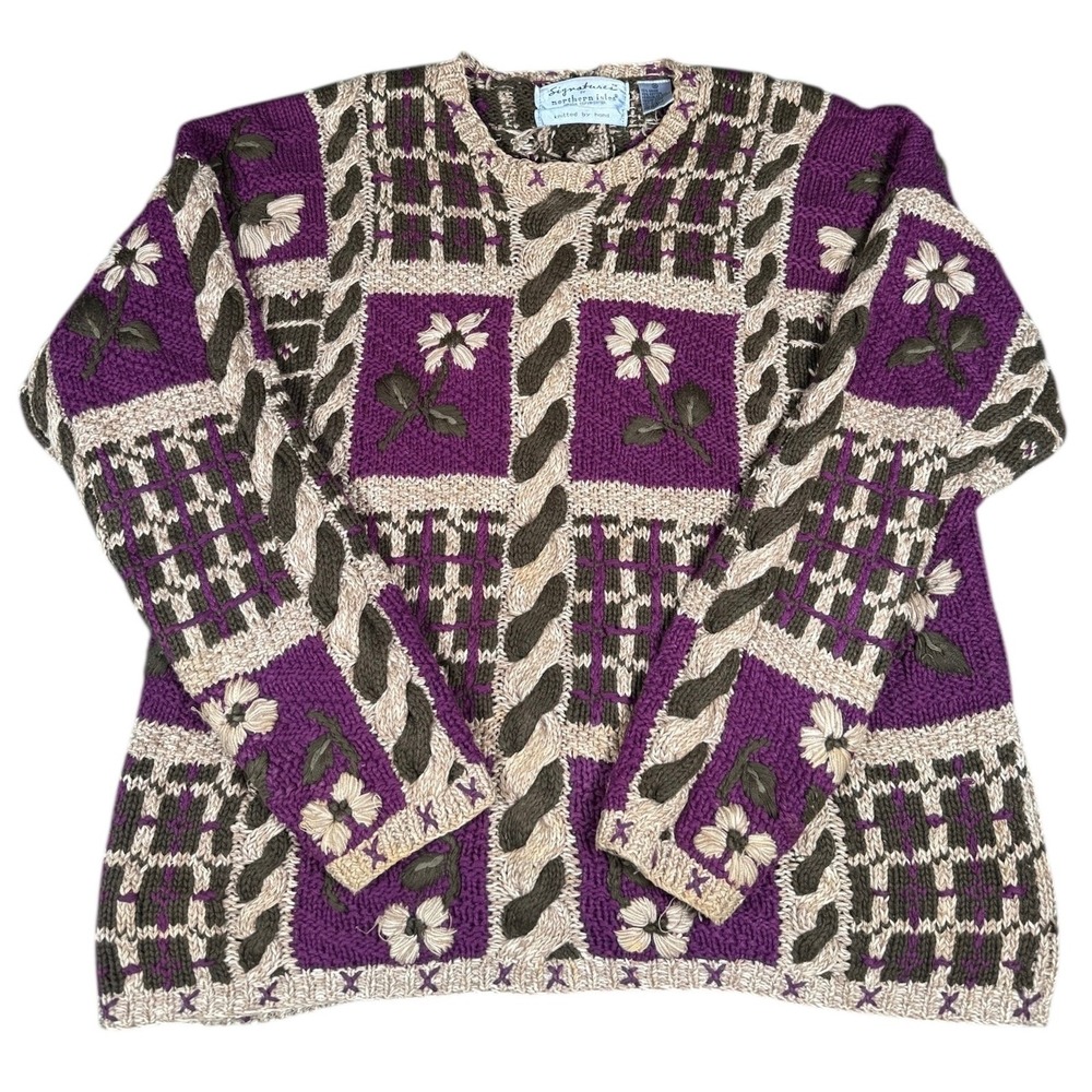 Northern Isles Hand Knit Purple Floral Sweater Medium Ramie Cotton Geometric